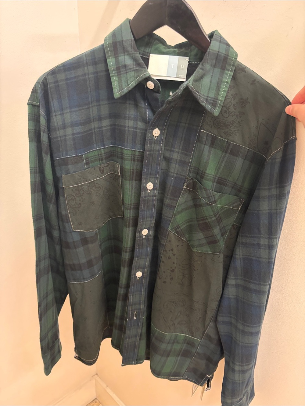 Green & Navy Patchwork Plaid Men's Shirt kith brand new